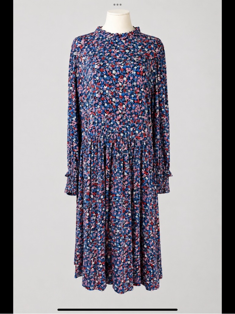Draper James Floral Midi Dress 1X Blue Pink Mock Neck Ruffle Smocked Cuffs